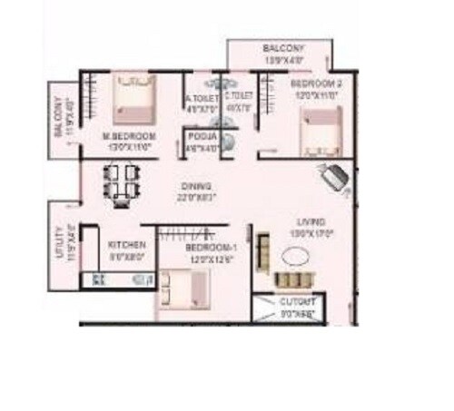 Floor plan of 3 BHK 1660 Sq. Ft. Apartment in Elegant Emporium, Bangalore