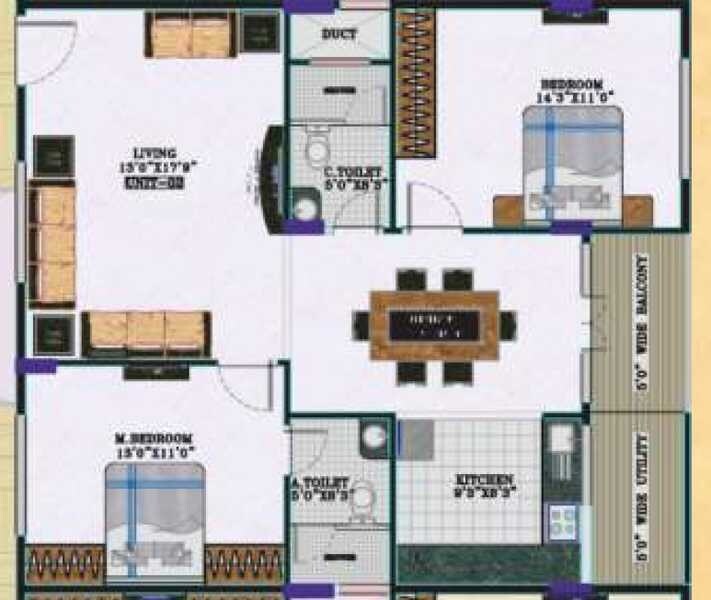 Floor plan of 2 BHK 1336 Sq. Ft. Apartment in Elegant Esplande, Bangalore