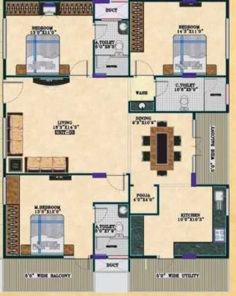 Floor plan of 3 BHK 1513 Sq. Ft. Apartment in Elegant Esplande, Bangalore
