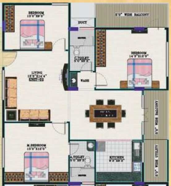 Floor plan of 3 BHK 1811 Sq. Ft. Apartment in Elegant Esplande, Bangalore
