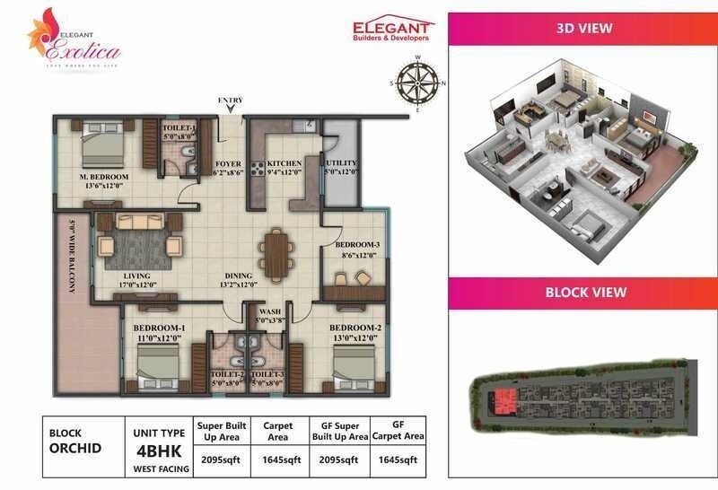 Floor plan of 4 BHK 2095 Sq. Ft. Apartment in Elegant Exotica Yelahanka New Town, Bangalore