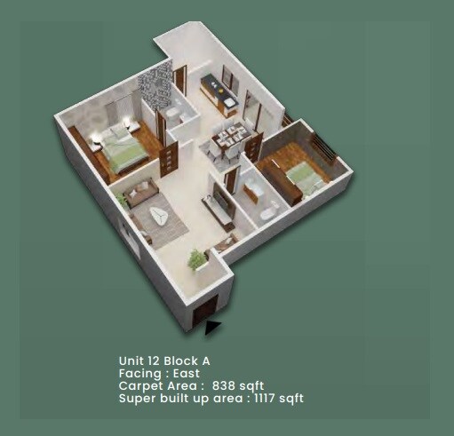 Floor plan of 2 BHK 1117 Sq. Ft. Apartment in Elegant Exquisite, Bangalore