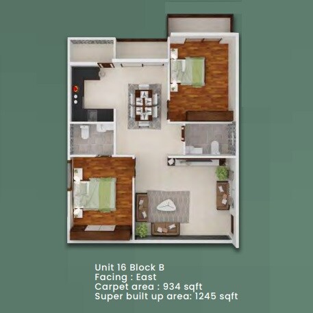 Floor plan of 2 BHK 1245 Sq. Ft. Apartment in Elegant Exquisite, Bangalore