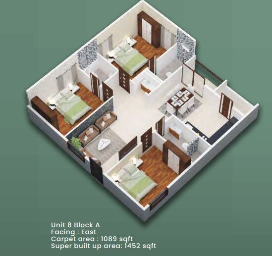Floor plan of 3 BHK 1452 Sq. Ft. Apartment in Elegant Exquisite, Bangalore