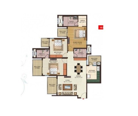 Floor plan of 3 BHK 1450 Sq. Ft. Apartment in Elegant Heights, Bangalore