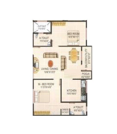 Floor plan of 2 BHK 1075 Sq. Ft. Apartment in Elegant Palace, Bangalore