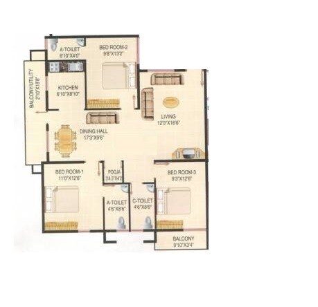 Floor plan of 3 BHK 1505 Sq. Ft. Apartment in Elegant Palace, Bangalore