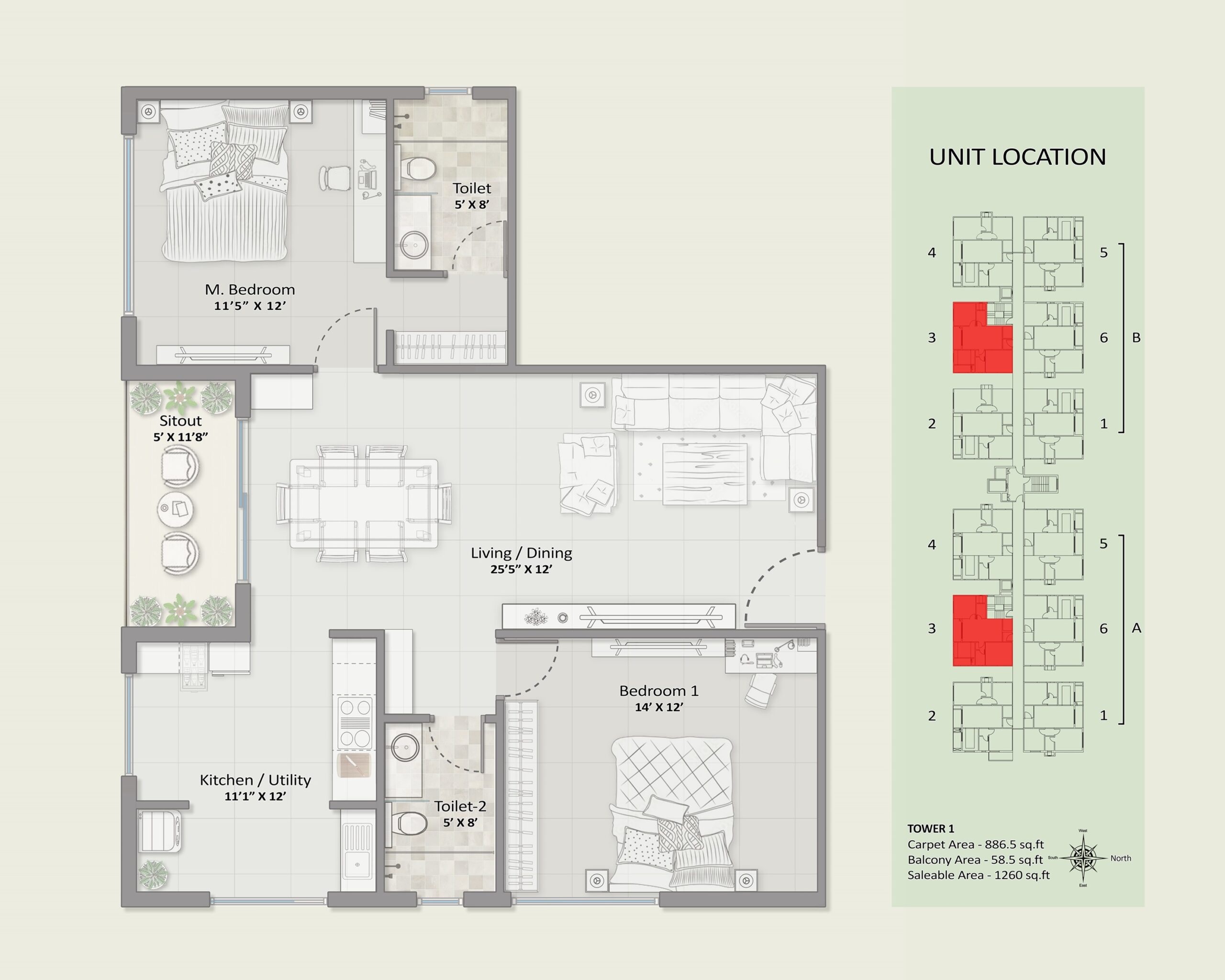 2 BHK 1260 Sq. Ft. Apartment in Elegant Takt