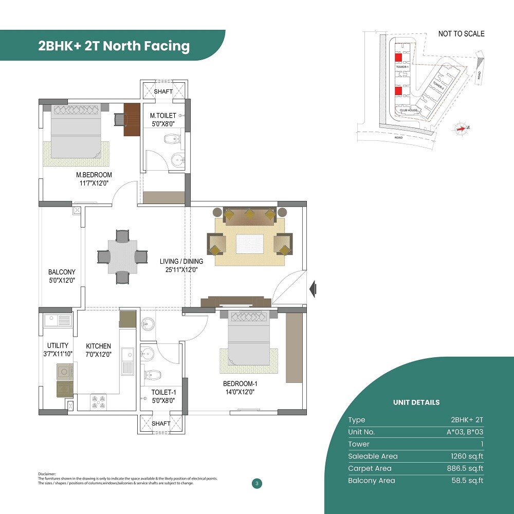 Floor plan of 2 BHK 1260 Sq. Ft. Apartment in Elegant Takt, Bangalore