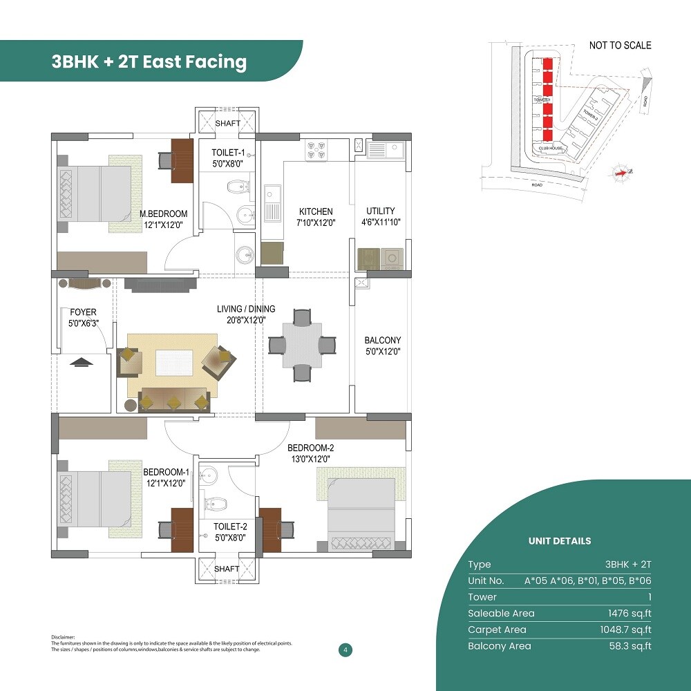 Floor plan of 3 BHK 1476 Sq. Ft. Apartment in Elegant Takt, Bangalore