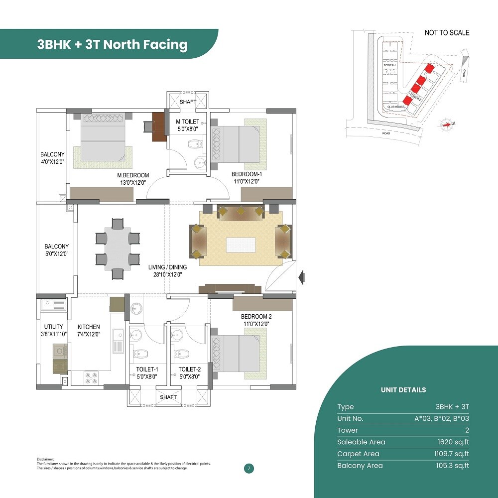 Floor plan of 3 BHK 1620 Sq. Ft. Apartment in Elegant Takt, Bangalore
