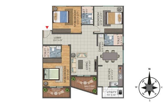 Floor plan of 3 BHK 1782 Sq. Ft. Apartment in Elegant Terraces, Bangalore