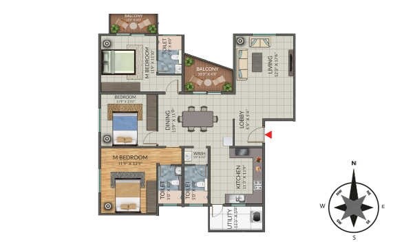Floor plan of 3 BHK 1839 Sq. Ft. Apartment in Elegant Terraces, Bangalore