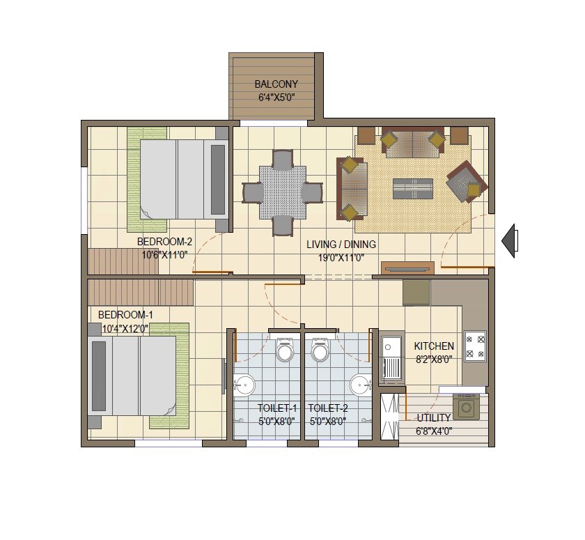 Floor plan of 2 BHK 1018 Sq. Ft. Apartment in Elegant Tranquility, Bangalore