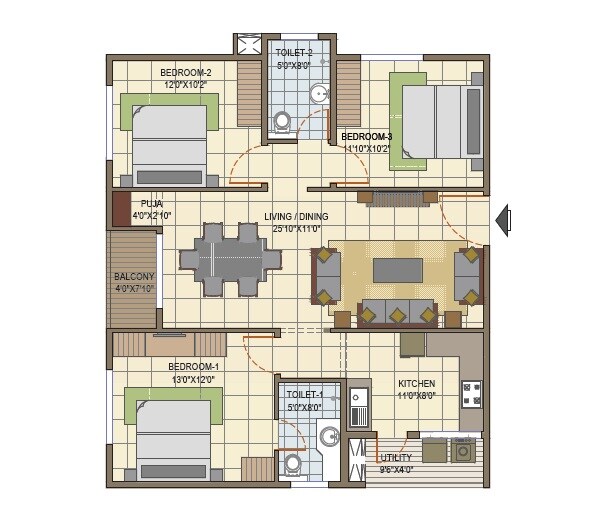 Floor plan of 3 BHK 1419 Sq. Ft. Apartment in Elegant Tranquility, Bangalore