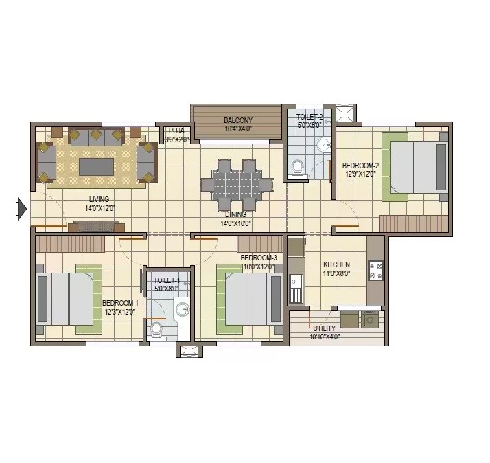 Floor plan of 3 BHK 1531 Sq. Ft. Apartment in Elegant Tranquility, Bangalore