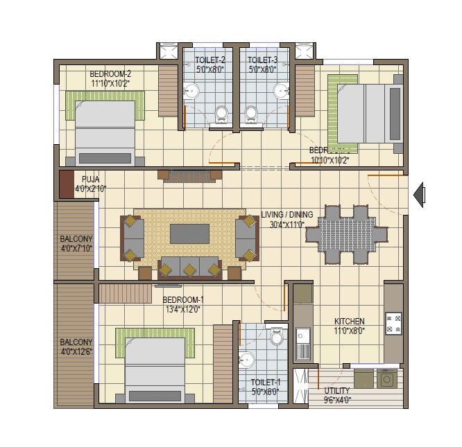 Floor plan of 3 BHK 1618 Sq. Ft. Apartment in Elegant Tranquility, Bangalore
