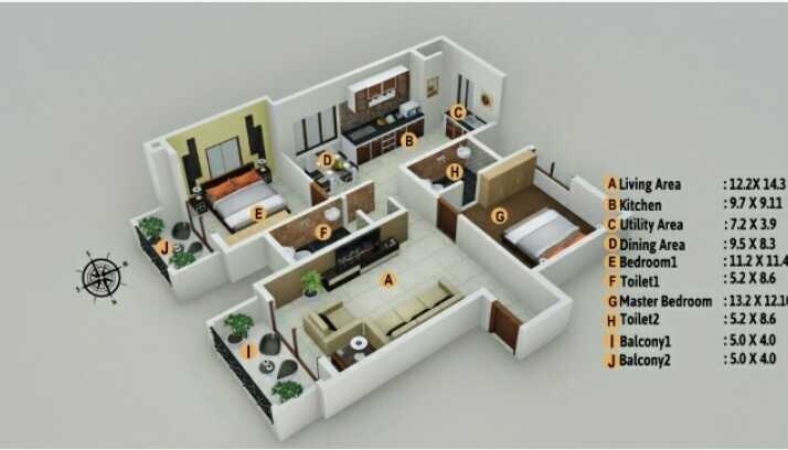 Floor plan of 2 BHK 1419 Sq. Ft. Apartment in Elegant Whispering Winds, Bangalore