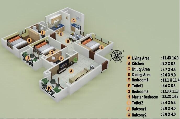 Floor plan of 3 BHK 1726 Sq. Ft. Apartment in Elegant Whispering Winds, Bangalore
