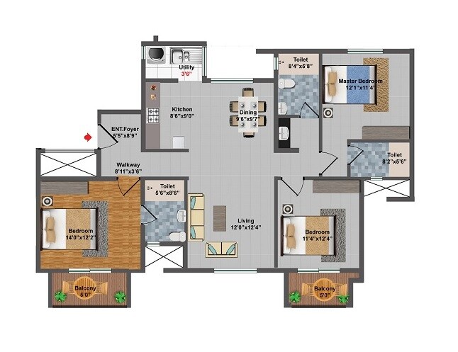 Floor plan of 3 BHK 1839 Sq. Ft. Apartment in Elegant Whispering Winds, Bangalore