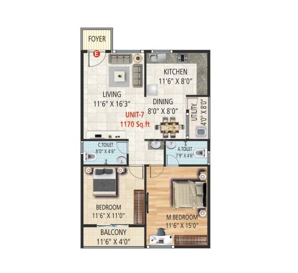 Floor plan of 2 BHK 1170 Sq. Ft. Apartment in Elite Brookvale, Bangalore
