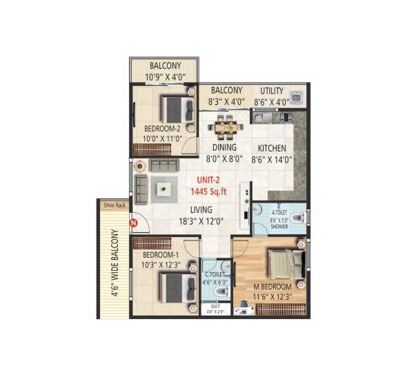 Floor plan of 3 BHK 1475 Sq. Ft. Apartment in Elite Brookvale, Bangalore