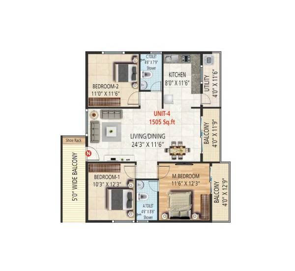 Floor plan of 3 BHK 1505 Sq. Ft. Apartment in Elite Brookvale, Bangalore