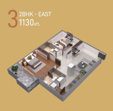 Floor plan of 2 BHK 1130 Sq. Ft. Apartment in ELV Bouvardia, Bangalore