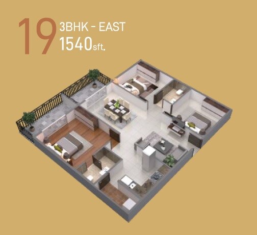 Floor plan of 3 BHK 1540 Sq. Ft. Apartment in ELV Bouvardia, Bangalore