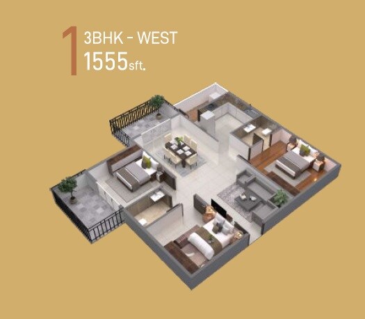 Floor plan of 3 BHK 1555 Sq. Ft. Apartment in ELV Bouvardia, Bangalore