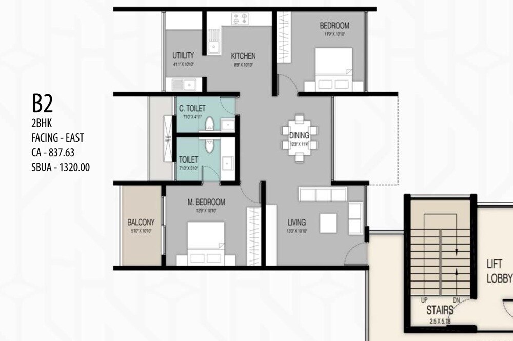 Floor plan of 2 BHK 1320 Sq. Ft. Apartment in ELV High Garden, Bangalore