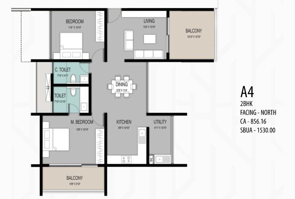 Floor plan of 2 BHK 1530 Sq. Ft. Apartment in ELV High Garden, Bangalore