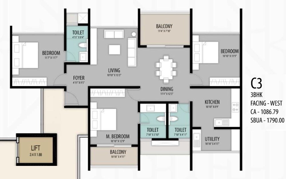 Floor plan of 3 BHK 1790 Sq. Ft. Apartment in ELV High Garden, Bangalore