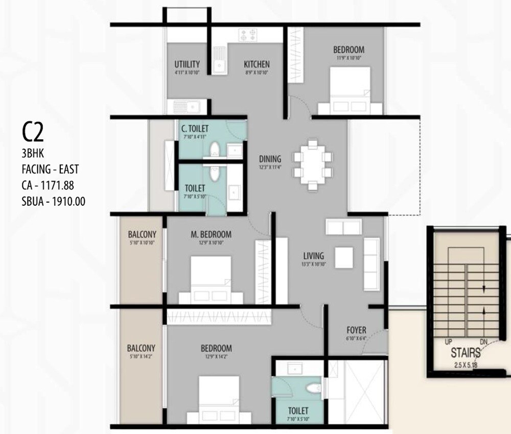 Floor plan of 3 BHK 1910 Sq. Ft. Apartment in ELV High Garden, Bangalore