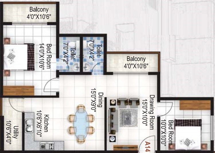 Floor plan of 2 BHK 1135 Sq. Ft. Apartment in ELV Marvel, Bangalore