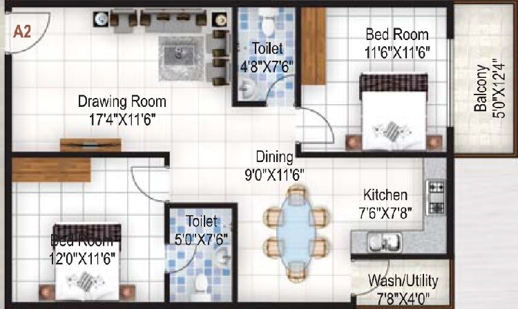 Floor plan of 2 BHK 1175 Sq. Ft. Apartment in ELV Marvel, Bangalore