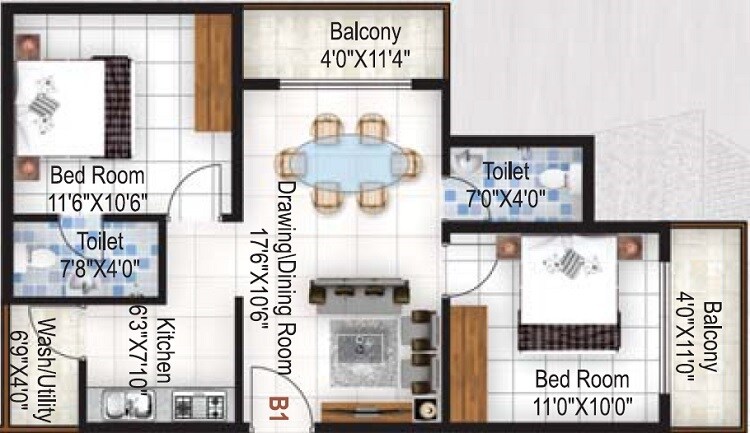 Floor plan of 2 BHK 930 Sq. Ft. Apartment in ELV Marvel, Bangalore