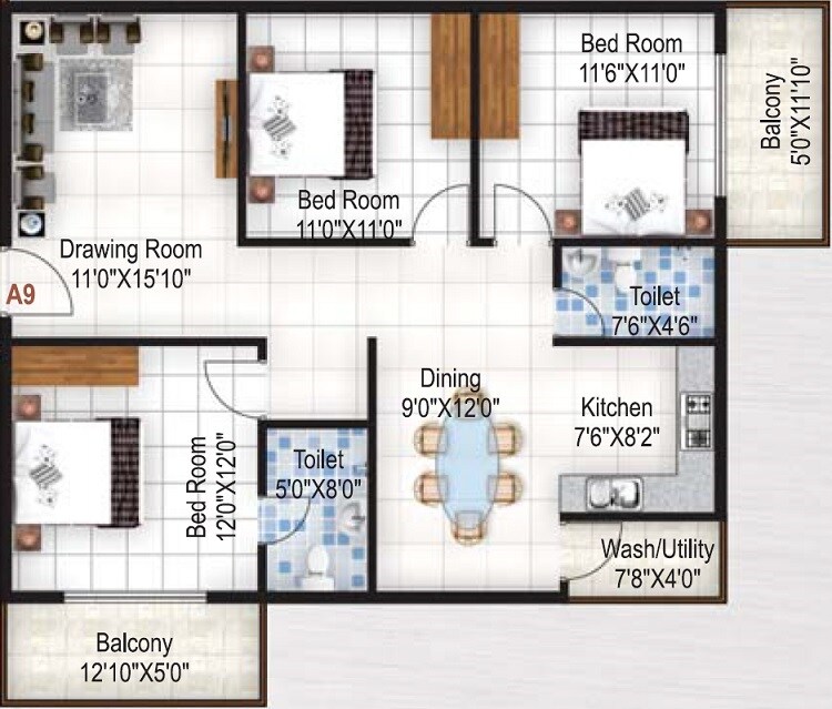 Floor plan of 3 BHK 1470 Sq. Ft. Apartment in ELV Marvel, Bangalore