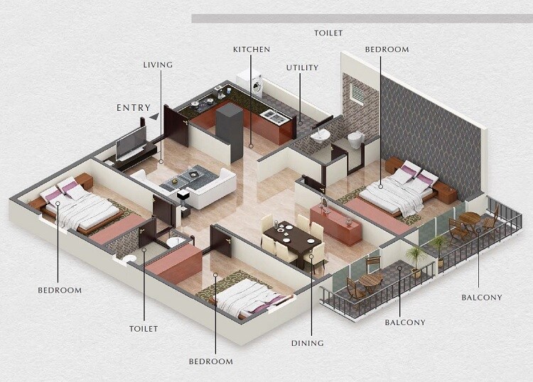 Floor plan of 3 BHK 1600 Sq. Ft. Apartment in ELV Marvel, Bangalore
