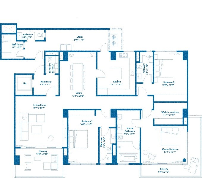 Floor plan of 3 BHK 3689 Sq. Ft. Apartment in Embassy Lake Terrace, Bangalore