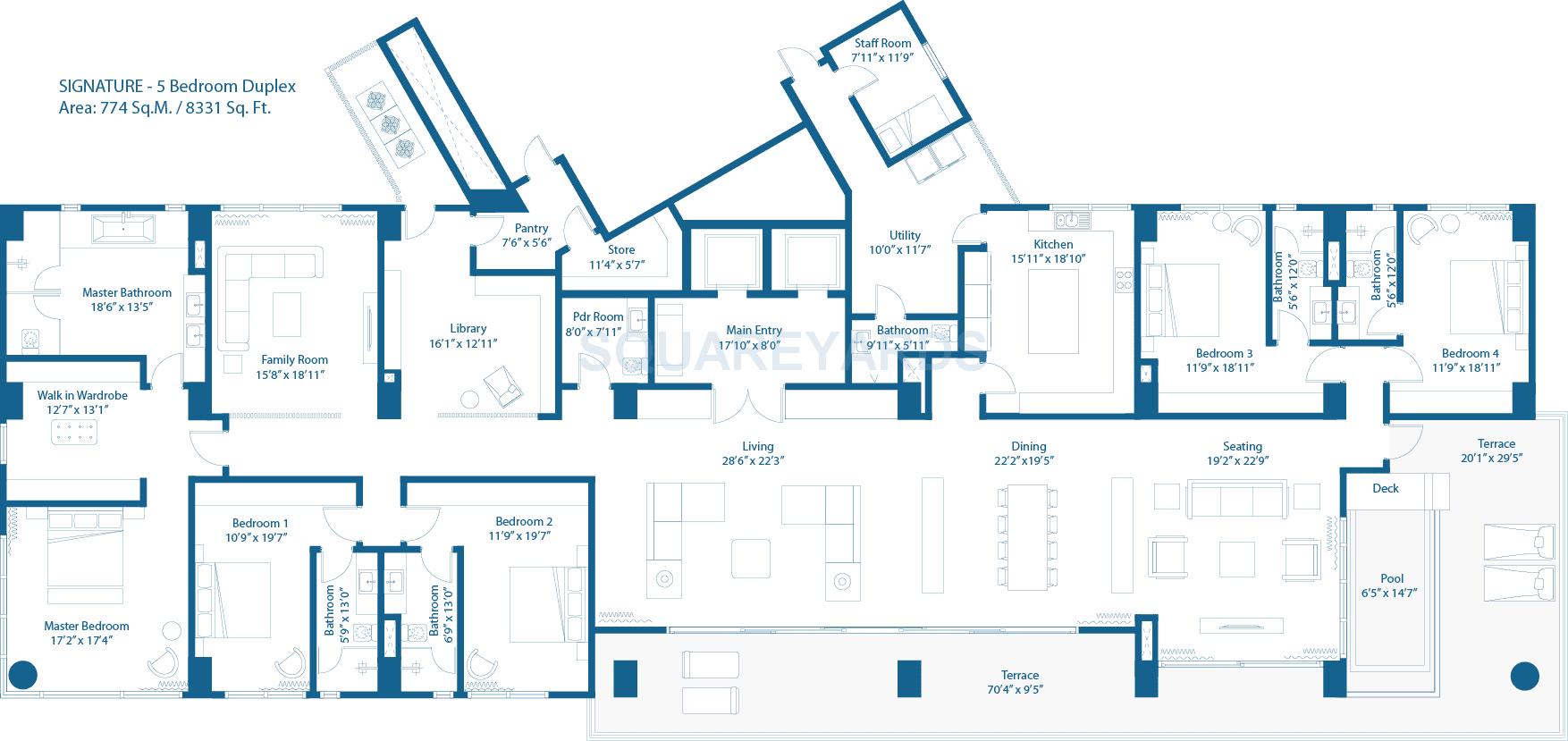 Floor plan of 5 BHK 7825 Sq. Ft. Penthouse in Embassy Lake Terrace, Bangalore