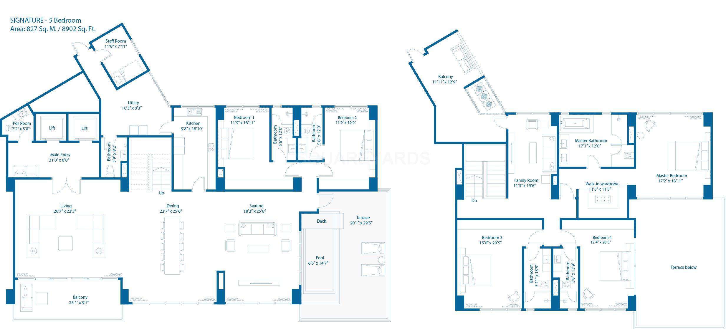 Floor plan of 5 BHK 8945 Sq. Ft. Apartment in Embassy Lake Terrace, Bangalore