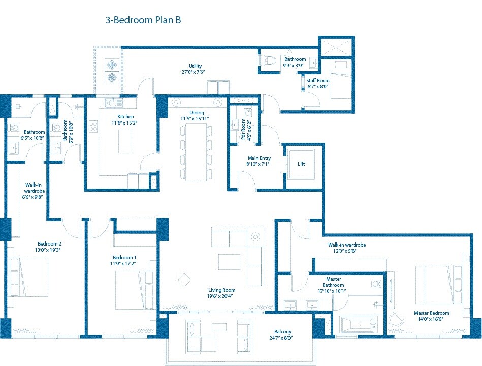 Floor plan of 3 BHK 3913 Sq. Ft. Apartment in Embassy Lake Terraces, Bangalore