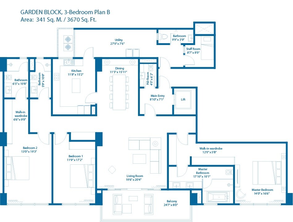 Floor plan of 3 BHK 4229 Sq. Ft. Apartment in Embassy Lake Terraces, Bangalore