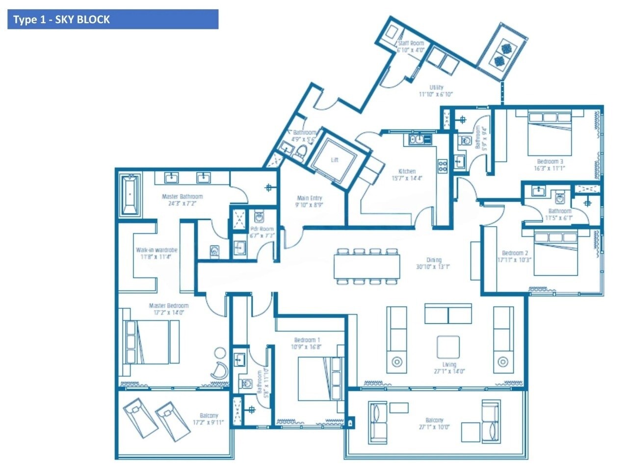 Floor plan of 4 BHK 4400 Sq. Ft. Apartment in Embassy Lake Terraces, Bangalore
