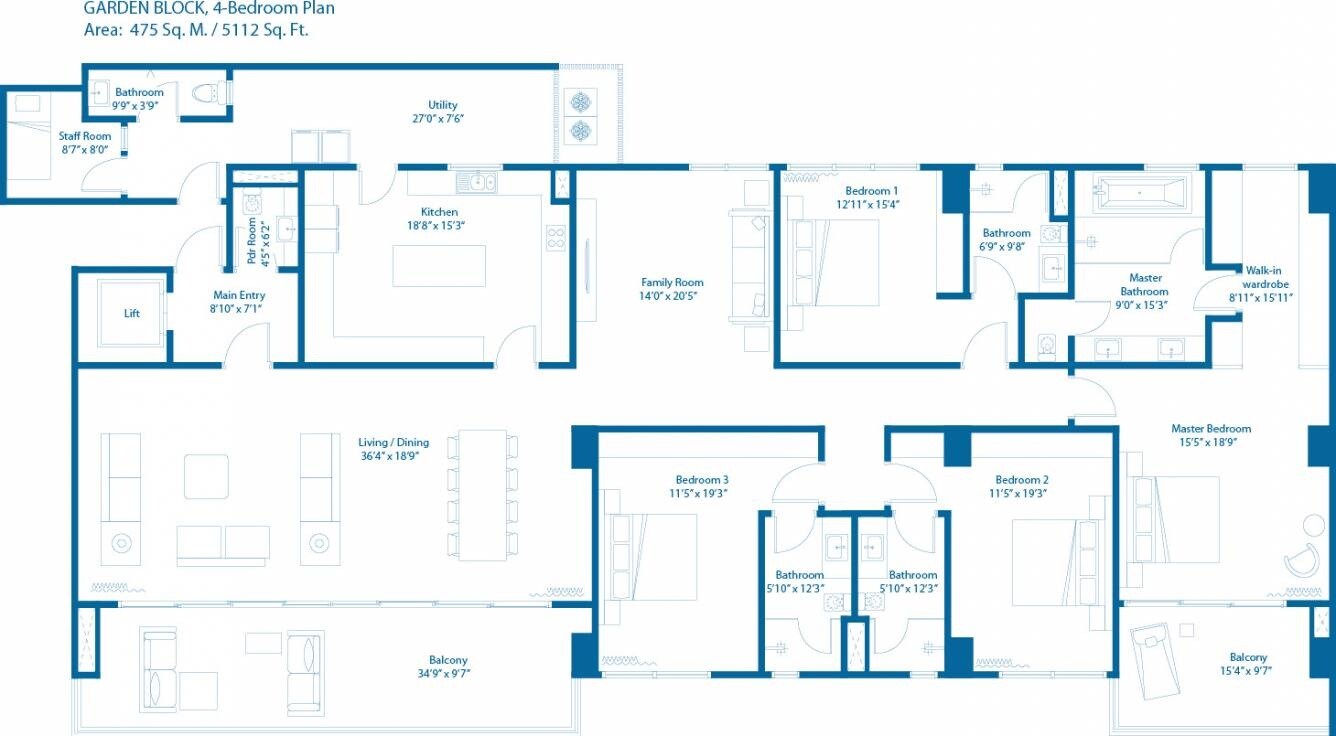 Floor plan of 4 BHK 5112 Sq. Ft. Apartment in Embassy Lake Terraces, Bangalore