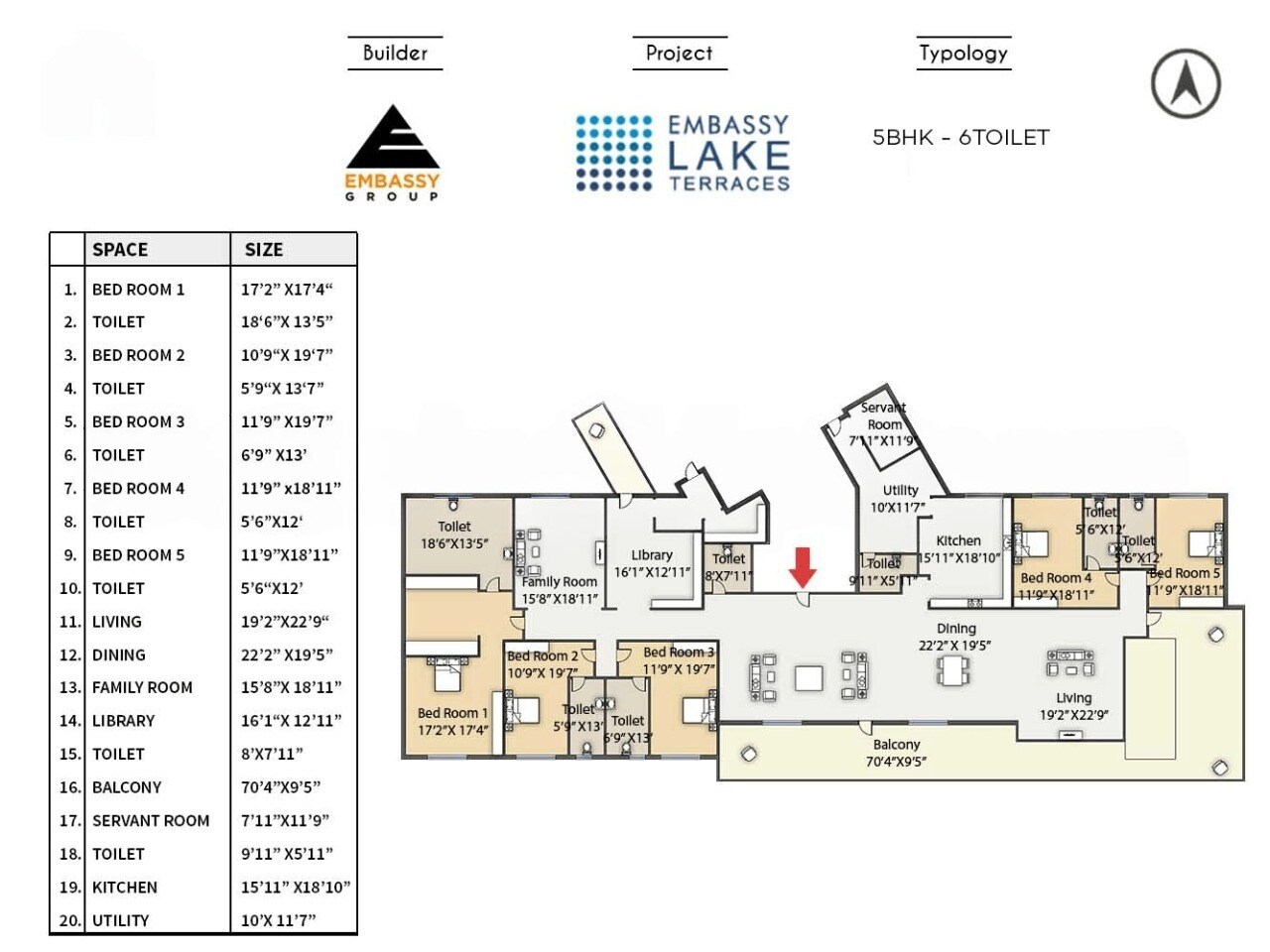 Floor plan of 5 BHK 9156 Sq. Ft. Apartment in Embassy Lake Terraces, Bangalore