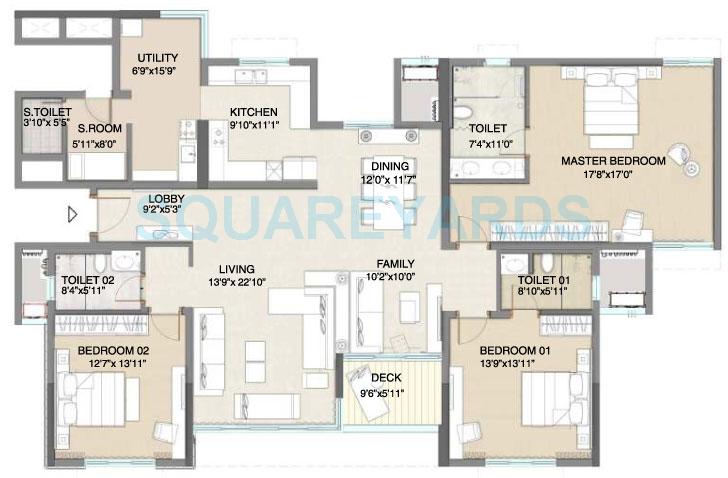 Floor plan of 3 BHK 3273 Sq. Ft. Apartment in Embassy Pristine, Bangalore