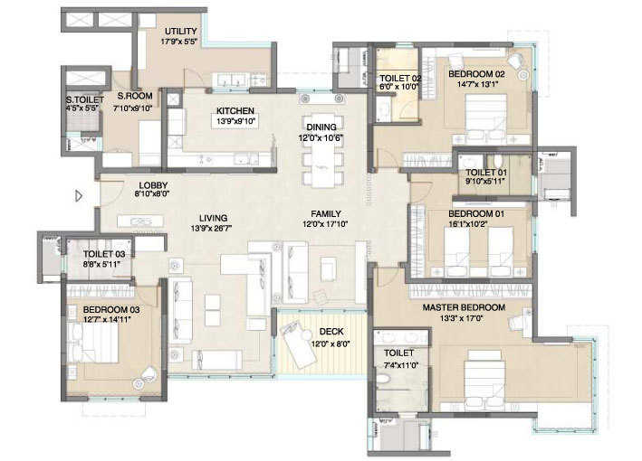 Floor plan of 4 BHK 3596 Sq. Ft. Apartment in Embassy Pristine, Bangalore