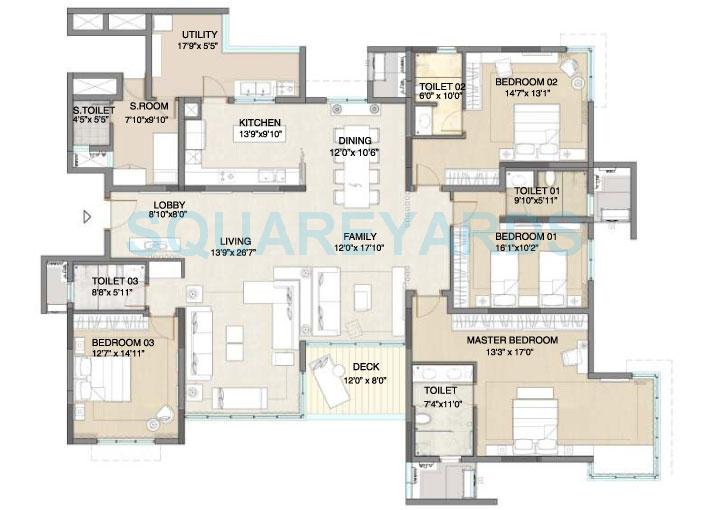 Floor plan of 4 BHK 3633 Sq. Ft. Apartment in Embassy Pristine, Bangalore